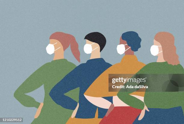 group people wearing a medical face mask from winter virus - asian women fashion stock illustrations