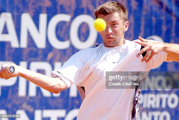 Michal Przysiezny in action against Nicolas Lapentti during the first round of the 17th Estoril Tennis Open, May 2, 2006. Held in Lisbon, Portugal.