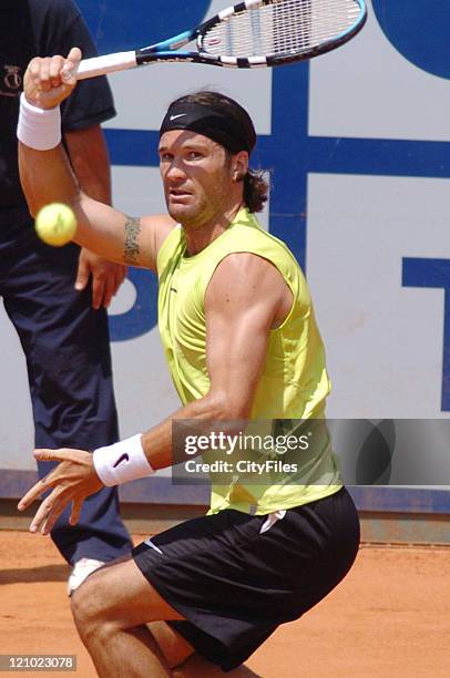 Carlos Moya of Spain in action defeating Flavio Saretta of Brasil,6-3,6-4, in the first round of the 2006 Estoril Open in Estoril, Portugal on May 2,...