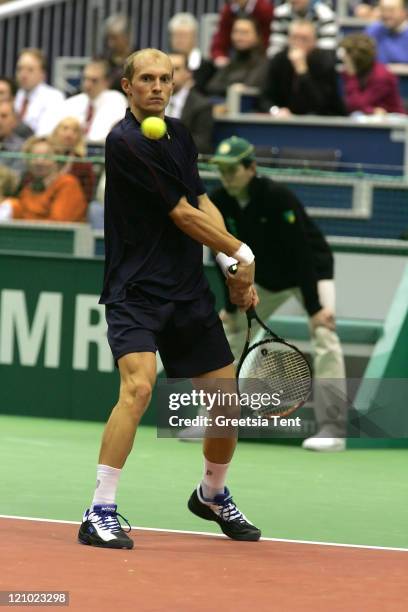 Nikolay Davydenko in action against Greg Rusedski during their second round match during the ABN AMRO World Tennis Tournament at the Ahoy' in...