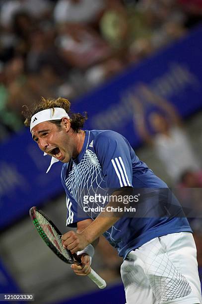 Carlos Moya defeats Marcos Baghdatis , pictured, 61 36 76 in the quarter final of the Men's Singles at the Australian Medibank International, part of...