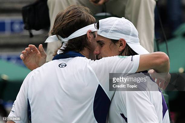 Tommy Robredo greets David Ferrer at the net after the Heineken Open Final match at the ASB Tennis Centre in Auckland, New Zealand on January 13,...