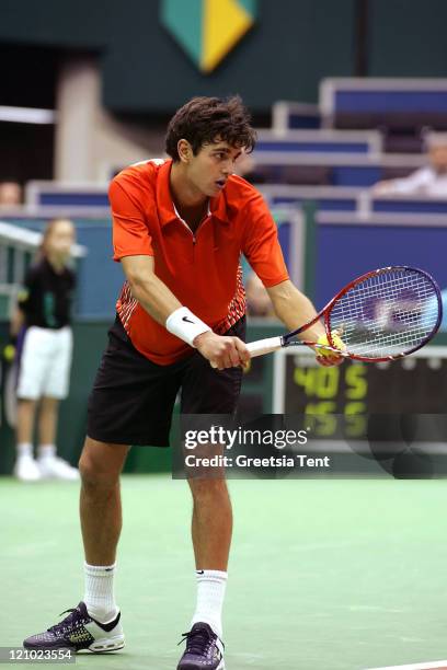 Mario Ancic in action against Jarkko Nieminen during their first round match during the ABN AMRO World Tennis Tournament at the Ahoy' in Rotterdam,...