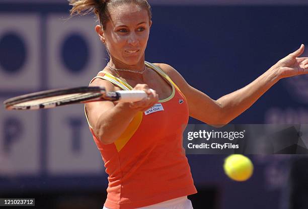 Gisela Dulko in action against Na Li during their quarterfinal match in the 2006 Estoril Open at the Estadio Nacional in Estoril, Portugal on May 5,...