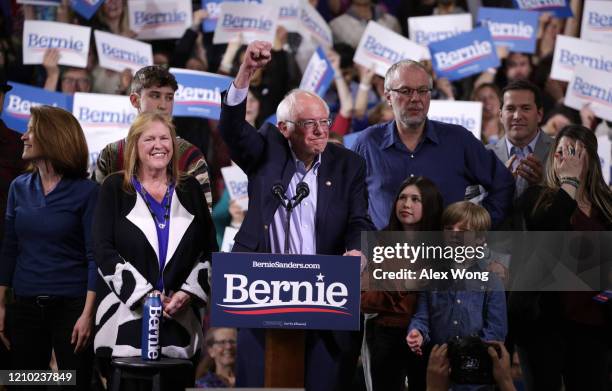 Democratic presidential candidate Sen. Bernie Sanders addresses supporters at his Super Tuesday night event on March 03, 2020 in Essex Junction,...