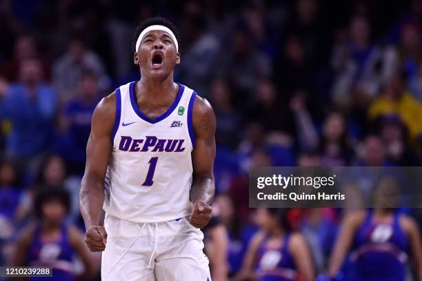 Romeo Weems of the DePaul Blue Demons reacts after scoring against the Marquette Golden Eagles at Wintrust Arena on March 03, 2020 in Chicago,...