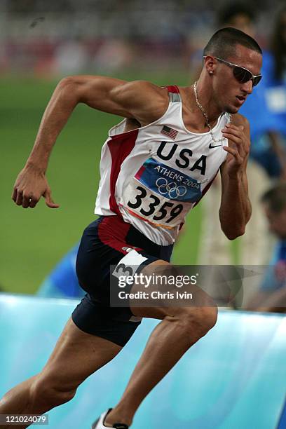 Jeremy Wariner of the United States finishes 1st in Semifinal 1 of the Men's 400m in a time of 44.87 in Olympic Stadium during the Athen 2004 Olympic...