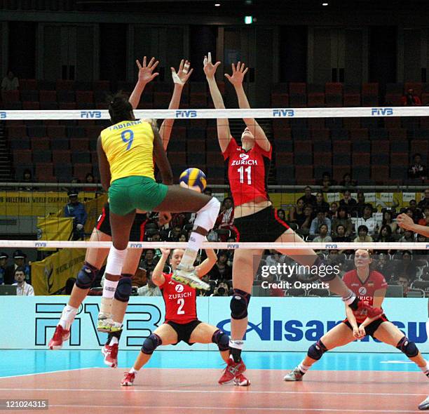 Brazil's Fabiana Claudino in action during the match against Germany at the 2006 Volleyball World Championships in Osaka, Japan on November 11, 2006