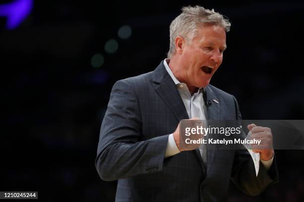 Head coach Brett Brown of the Philadelphia 76ers reacts to a play against Los Angeles Lakers during the first half at Staples Center on March 03,...