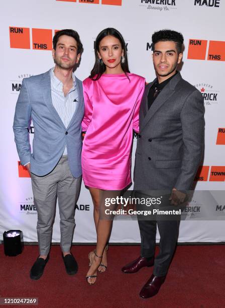 Director Ricky Tollman, actors Nina Dobrev and Mena Massoud attend the Canadian Premiere of "Run This Town" held at Northern Maverick Brewing Co on...