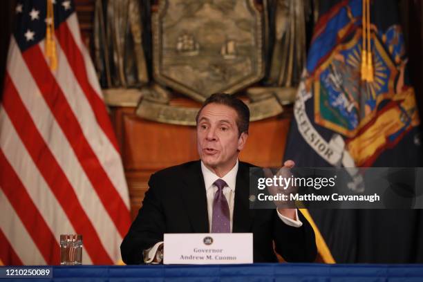 New York Governor Andrew Cuomo gives his a press briefing about the coronavirus crisis on April 17, 2020 in Albany, New York.Cuomo along with...