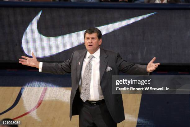University of Connecticut women's basketball coach Geno Auriemma gestures as he questions a call during a game at Gampel Pavilion, in Storrs,...