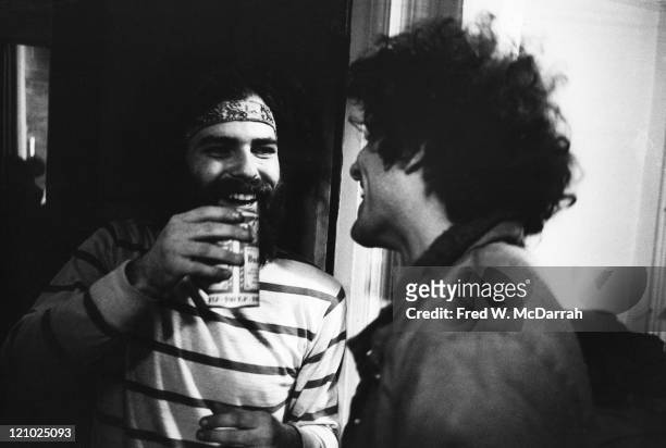 American political and social activists Jerry Rubin and Abbie Hoffman share a laugh, March 22, 1969.
