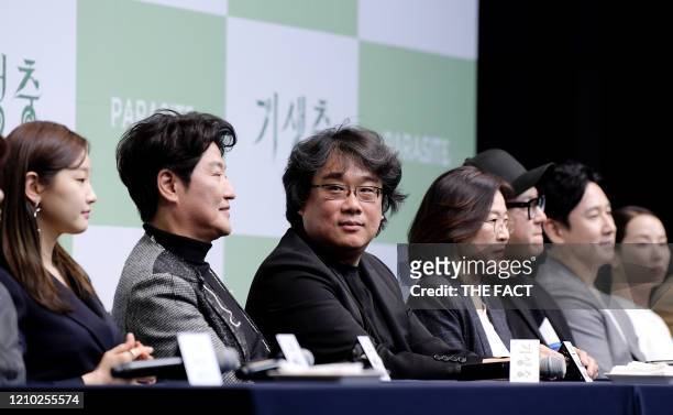 Park So-Dam, Song Kang-Ho, Bong Joon-Ho attend the press conference held for cast and crew of 'Parasite' on February 19, 2020 in Seoul, South Korea.
