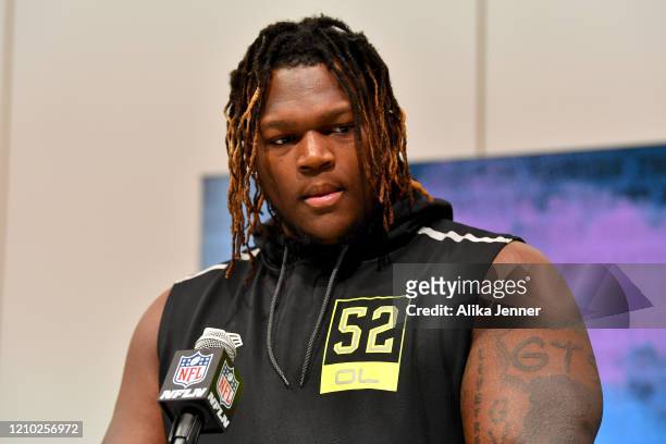 Isaiah Wilson #OL52 of Georgia interviews during the second day of the 2020 NFL Scouting Combine at Lucas Oil Stadium on February 26, 2020 in...