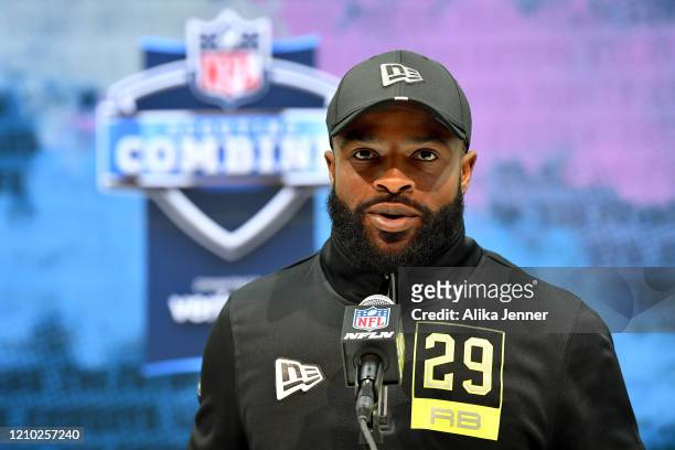 Ke'Shawn Vaughn #RB29 of Vanderbilt interviews during the second day of the 2020 NFL Scouting Combine at Lucas Oil Stadium on February 26, 2020 in...