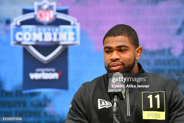 Clyde Edwards-Helaire #RB11 of Louisiana State interviews during the second day of the 2020 NFL Scouting Combine at Lucas Oil Stadium on February 26,...