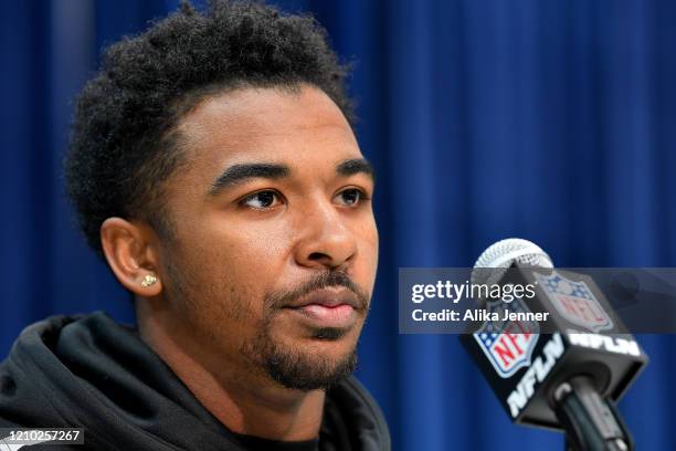 Raymond Calais #RB06 of Louisiana-Lafayette interviews during the second day of the 2020 NFL Scouting Combine at Lucas Oil Stadium on February 26,...