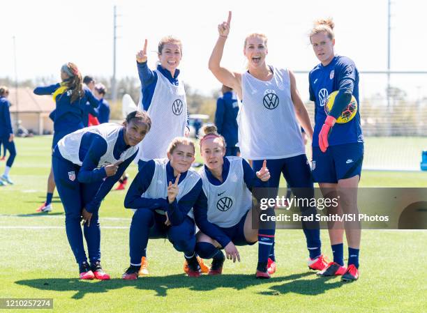 Crystal Dunn, Kelley O"u2019Hara, Abby Dahlkemper, Becky Sauerbrunn, Julie Ertz and Alyssa Naeher of the United States celebrate winning the team 6v6...