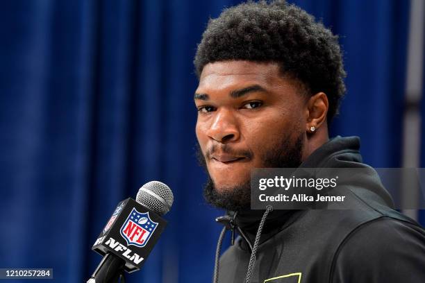 Cam Akers #RB02 of Florida State interviews during the second day of the 2020 NFL Scouting Combine at Lucas Oil Stadium on February 26, 2020 in...