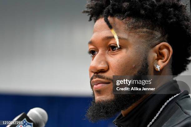 Jet Anderson #RB03 of Texas Christian interviews during the second day of the 2020 NFL Scouting Combine at Lucas Oil Stadium on February 26, 2020 in...