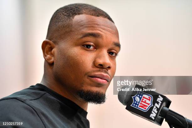 Dobbins #RB09 of the Ohio State interviews during the second day of the 2020 NFL Scouting Combine at Lucas Oil Stadium on February 26, 2020 in...