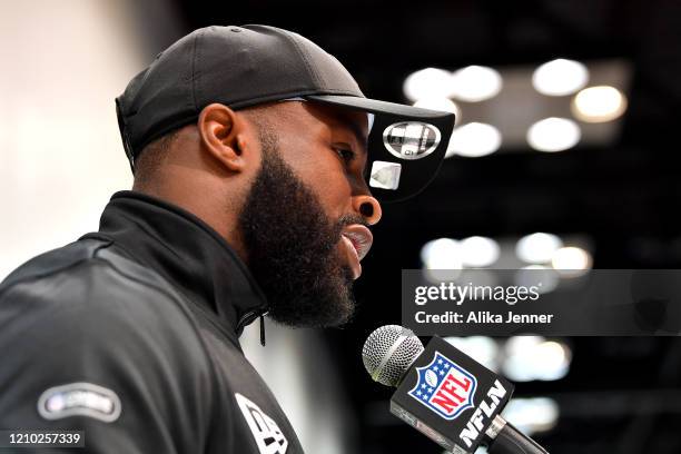 Ke'Shawn Vaughn #RB29 of Vanderbilt interviews during the second day of the 2020 NFL Scouting Combine at Lucas Oil Stadium on February 26, 2020 in...