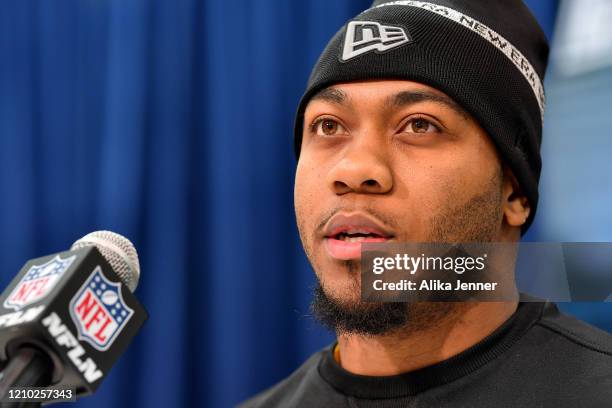 Scottie Phillips #RB23 of Mississippi interviews during the second day of the 2020 NFL Scouting Combine at Lucas Oil Stadium on February 26, 2020 in...