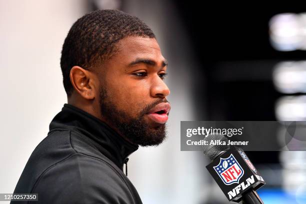 Clyde Edwards-Helaire #RB11 of Louisiana State interviews during the second day of the 2020 NFL Scouting Combine at Lucas Oil Stadium on February 26,...