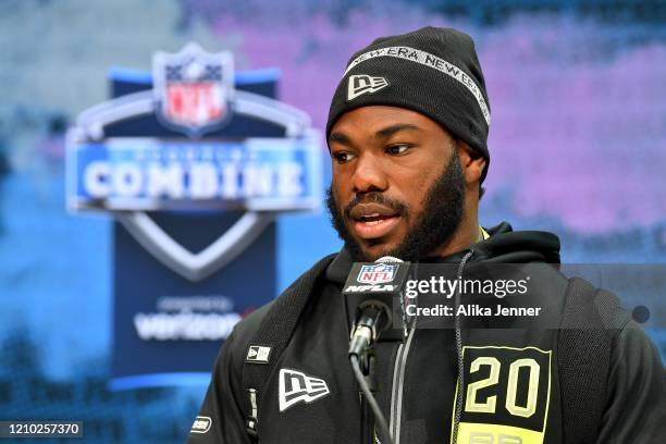 Zack Moss #RB20 of Utah interviews during the second day of the 2020 NFL Scouting Combine at Lucas Oil Stadium on February 26, 2020 in Indianapolis,...