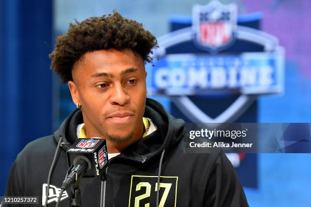 Jonathan Taylor #RB27 of Wisconsin interviews during the second day of the 2020 NFL Scouting Combine at Lucas Oil Stadium on February 26, 2020 in...