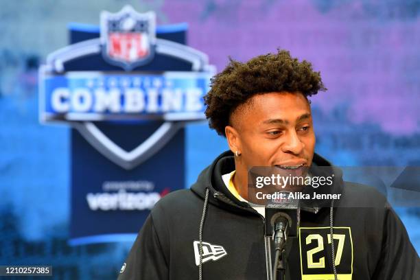 Jonathan Taylor #RB27 of Wisconsin interviews during the second day of the 2020 NFL Scouting Combine at Lucas Oil Stadium on February 26, 2020 in...