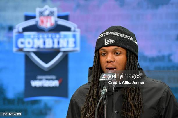 Anthony McFarland #RB19 of Maryland interviews during the second day of the 2020 NFL Scouting Combine at Lucas Oil Stadium on February 26, 2020 in...