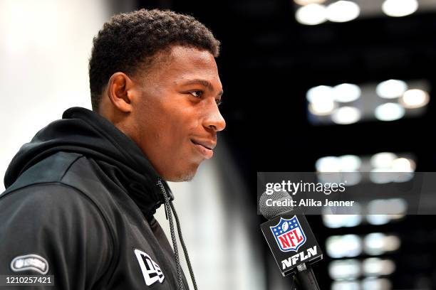 Joshua Kelley #RB16 of UCLA interviews during the second day of the 2020 NFL Scouting Combine at Lucas Oil Stadium on February 26, 2020 in...