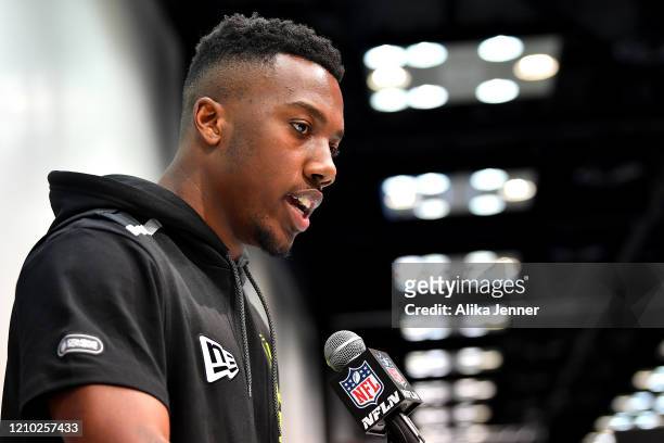 Patrick Taylor #RB28 of Memphis interviews during the second day of the 2020 NFL Scouting Combine at Lucas Oil Stadium on February 26, 2020 in...