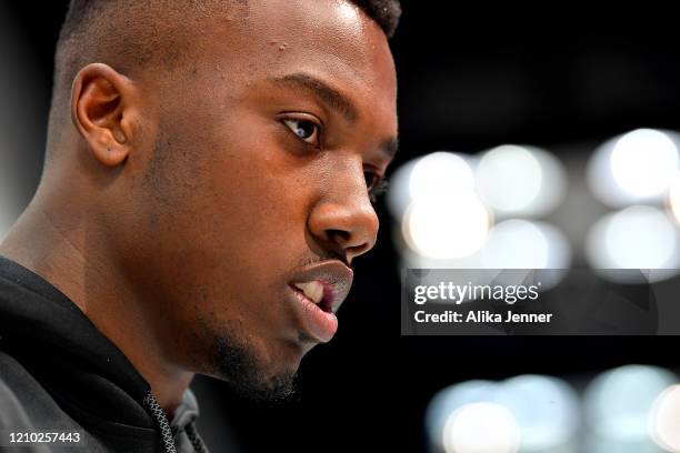 Patrick Taylor #RB28 of Memphis interviews during the second day of the 2020 NFL Scouting Combine at Lucas Oil Stadium on February 26, 2020 in...