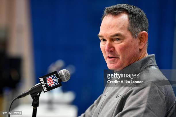 Head coach Mike Zimmer of the Minnesota Vikings interviews during the second day of the 2020 NFL Scouting Combine at Lucas Oil Stadium on February...