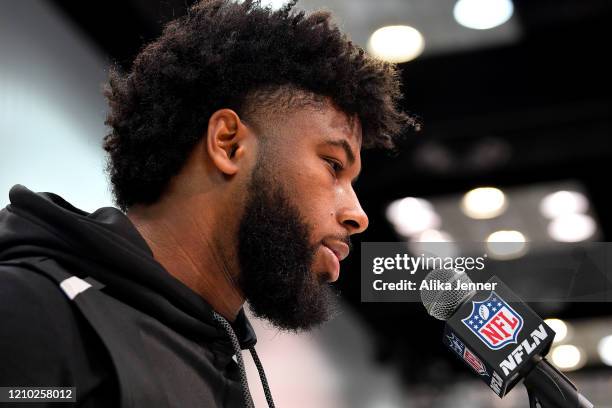 La'Mical Perine #RB22 of Florida interviews during the second day of the 2020 NFL Scouting Combine at Lucas Oil Stadium on February 26, 2020 in...