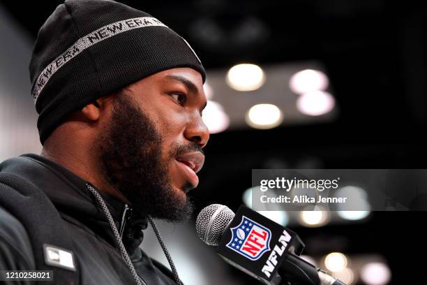 Zack Moss #RB20 of Utah interviews during the second day of the 2020 NFL Scouting Combine at Lucas Oil Stadium on February 26, 2020 in Indianapolis,...