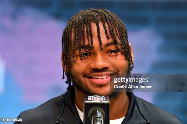 Andre Swift #RB25 of Georgia interviews during the second day of the 2020 NFL Scouting Combine at Lucas Oil Stadium on February 26, 2020 in...