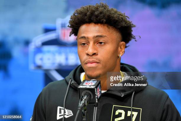 Jonathan Taylor #RB27 of Wisconsin interviews during the second day of the 2020 NFL Scouting Combine at Lucas Oil Stadium on February 26, 2020 in...