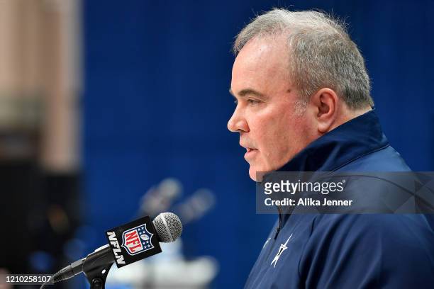 Head coach Mike McCarthy of the Dallas Cowboys interviews during the second day of the 2020 NFL Scouting Combine at Lucas Oil Stadium on February 26,...
