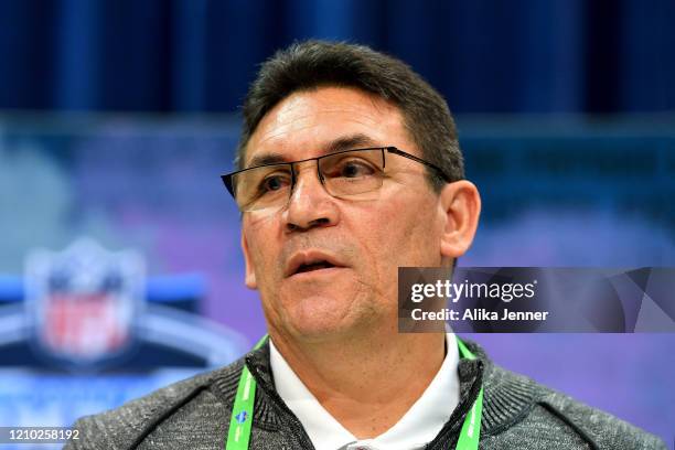 Head coach Ron Rivera of the Washington Redskins interviews during the second day of the 2020 NFL Scouting Combine at Lucas Oil Stadium on February...