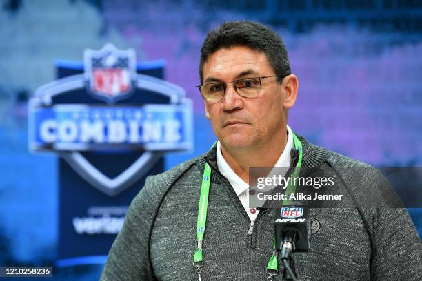 Head coach Ron Rivera of the Washington Redskins interviews during the second day of the 2020 NFL Scouting Combine at Lucas Oil Stadium on February...