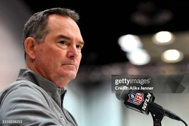 Head coach Mike Zimmer of the Minnesota Vikings interviews during the second day of the 2020 NFL Scouting Combine at Lucas Oil Stadium on February...
