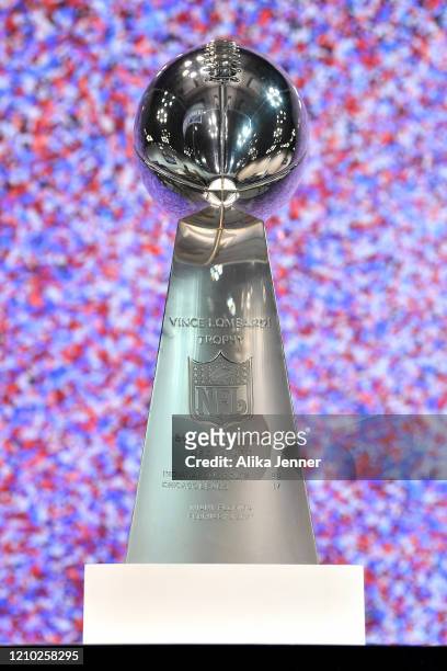 General view of the Vince Lombardi Trophy during the second day of the 2020 NFL Scouting Combine at Lucas Oil Stadium on February 26, 2020 in...