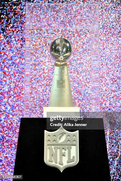 General view of the Vince Lombardi Trophy during the second day of the 2020 NFL Scouting Combine at Lucas Oil Stadium on February 26, 2020 in...