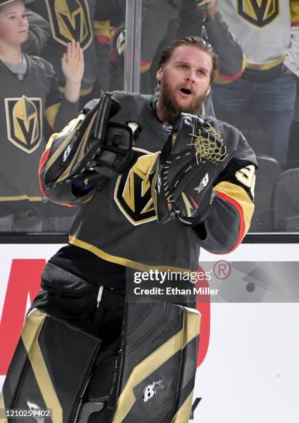 Robin Lehner of the Vegas Golden Knights skates on the ice after being named the first star of the game following the team's 3-0 victory over the New...