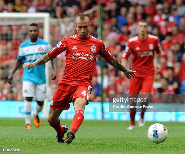 Raul Meireles of Liverpool in action during the Barclays Premier League match between Liverpool and Sunderland at Anfield on August 13, 2011 in...