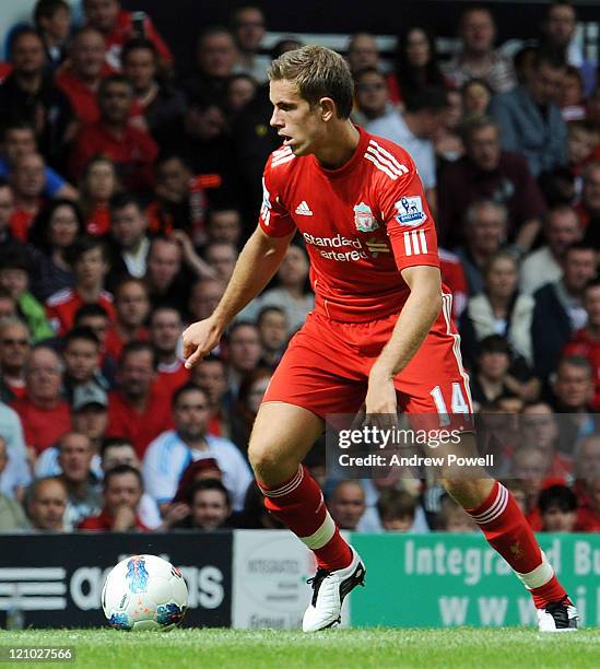 Jordan Henderson of Liverpool in action during the Barclays Premier League match between Liverpool and Sunderland at Anfield on August 13, 2011 in...